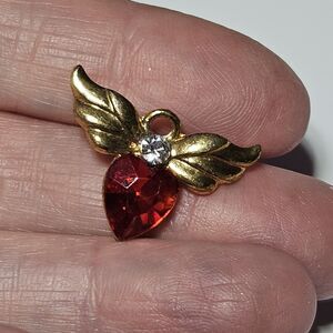 Avon Vintage Gold Tone Wings Halo And Red Rhinestone Heart Lapel Pin